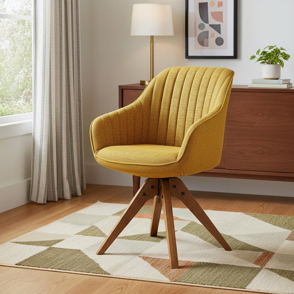 23" Yellow And Natural Fabric And Wood Swivel Arm Chair HomeRoots