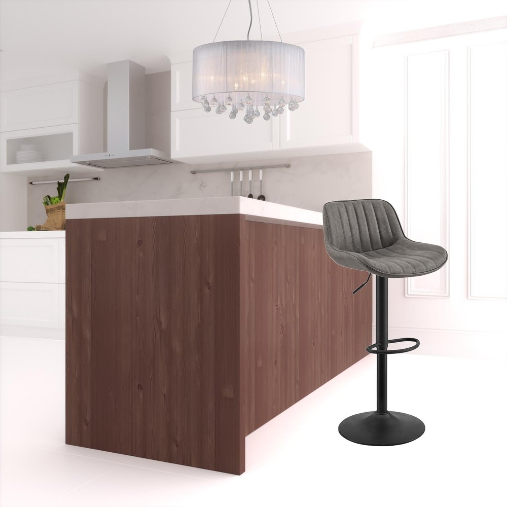 Set of Two Gray And Black Faux Leather And Steel Low Back Adjustable Height Swivel Bar Chairs HomeRoots