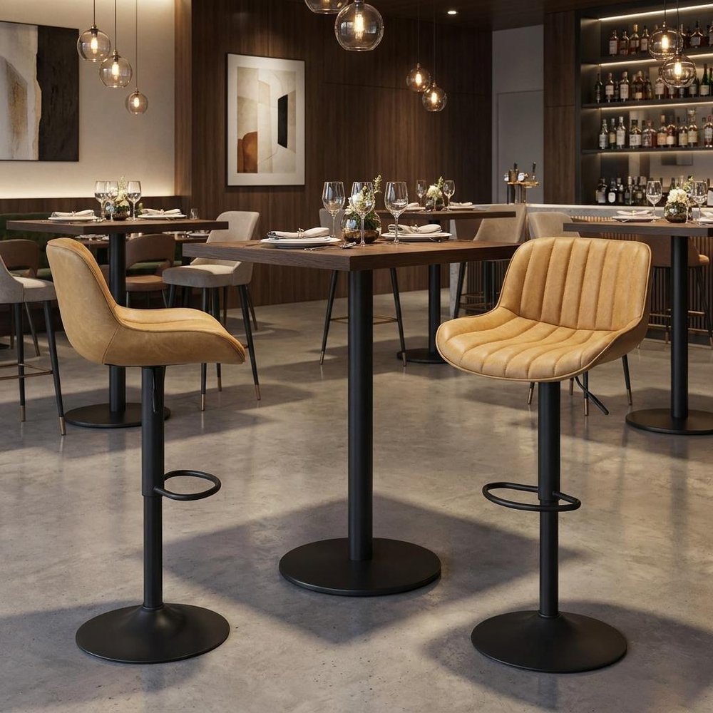 Set of Two Yellow And Black Faux Leather And Steel Low Back Adjustable Height Swivel Bar Chairs HomeRoots