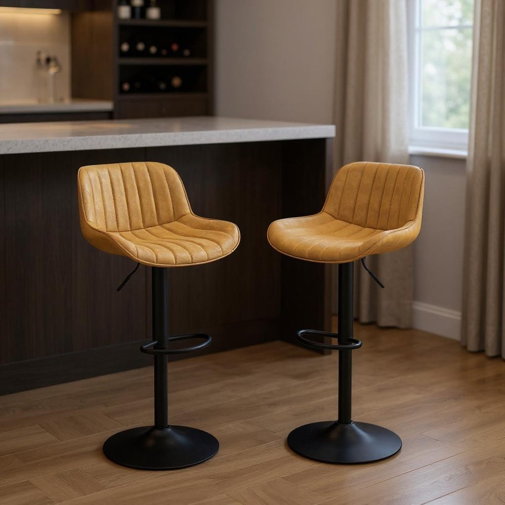 Set of Two 31" Yellow And Black Faux Leather And Steel Swivel Low Back Adjustable Height Bar Chairs HomeRoots