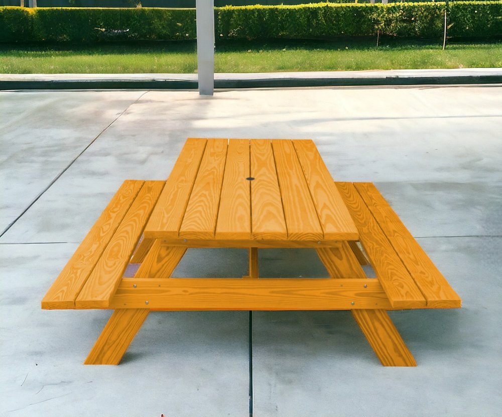 94" Natural Solid Wood Outdoor Picnic Table with Umbrella Hole HomeRoots