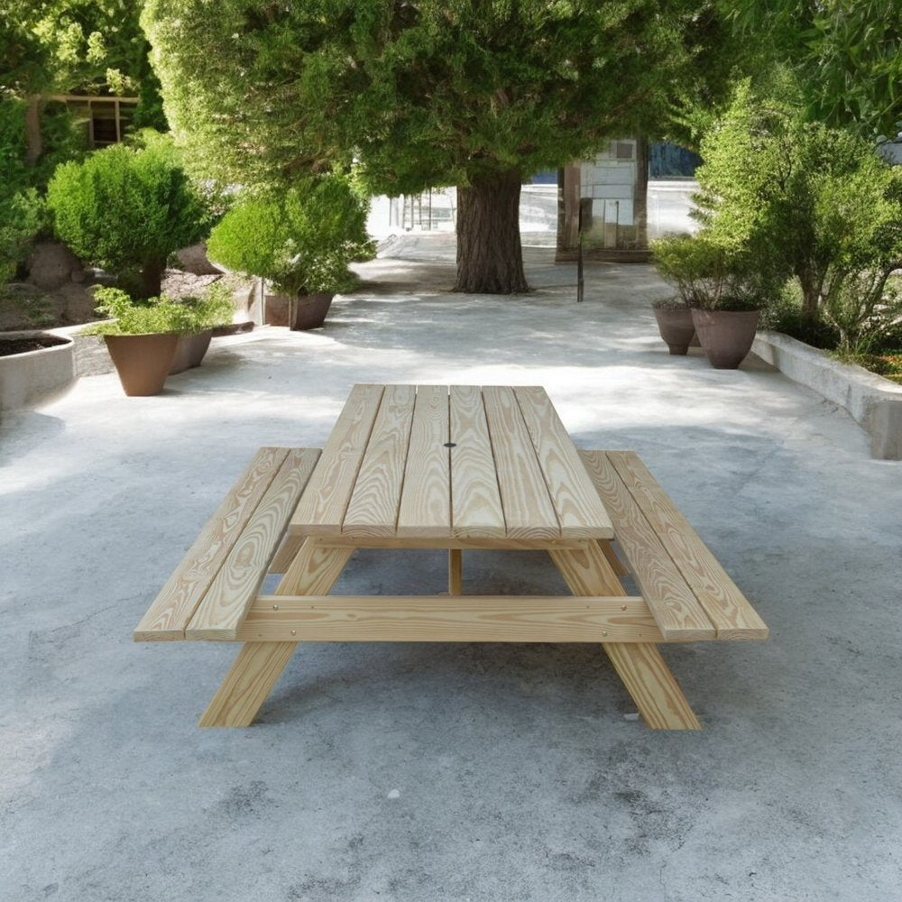 94" Beige Solid Wood Outdoor Picnic Table with Umbrella Hole HomeRoots