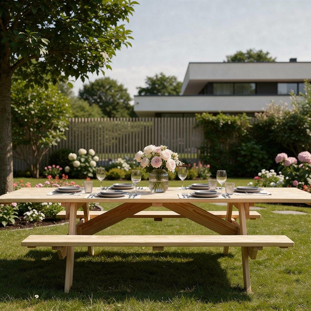 Beige Solid Wood Outdoor Picnic Table Umbrella Hole HomeRoots