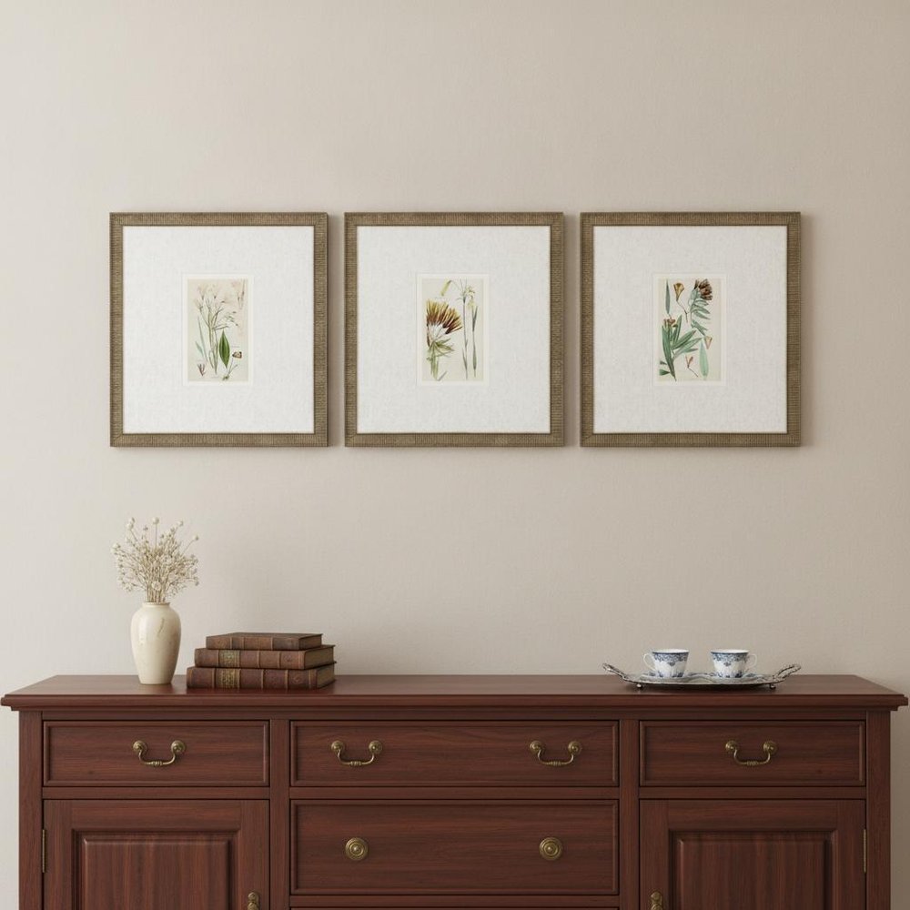 Set Of Three Antique Botanical Gold Framed Print Wall Art