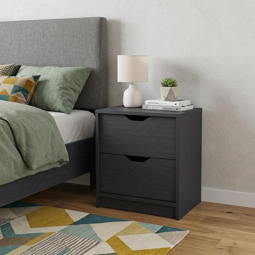 19" Black Wood Two Drawer Nightstand HomeRoots