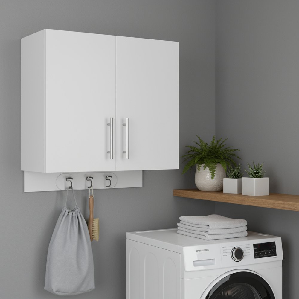 26" White Wood Wall Mounted Utlity Cabinet With Two Doors HomeRoots