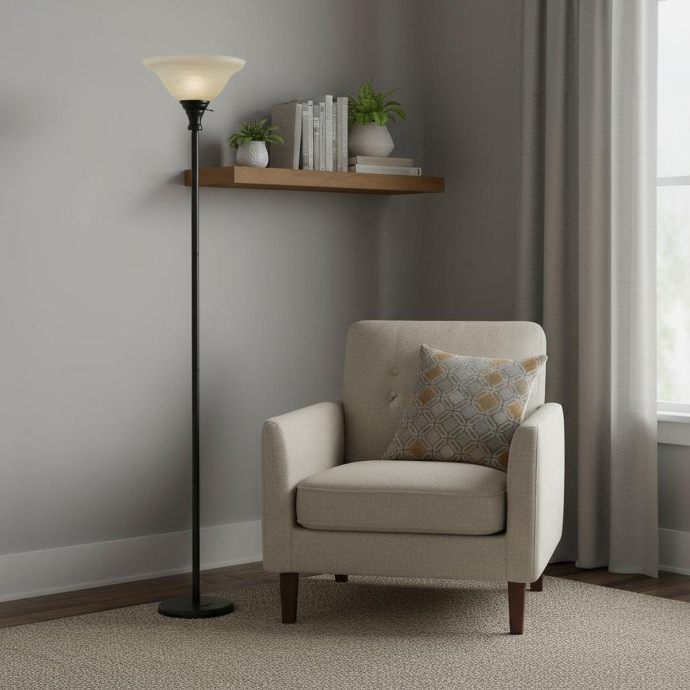 71" Bronze Torchiere Floor Lamp With Beige Frosted Glass Dome Shade HomeRoots