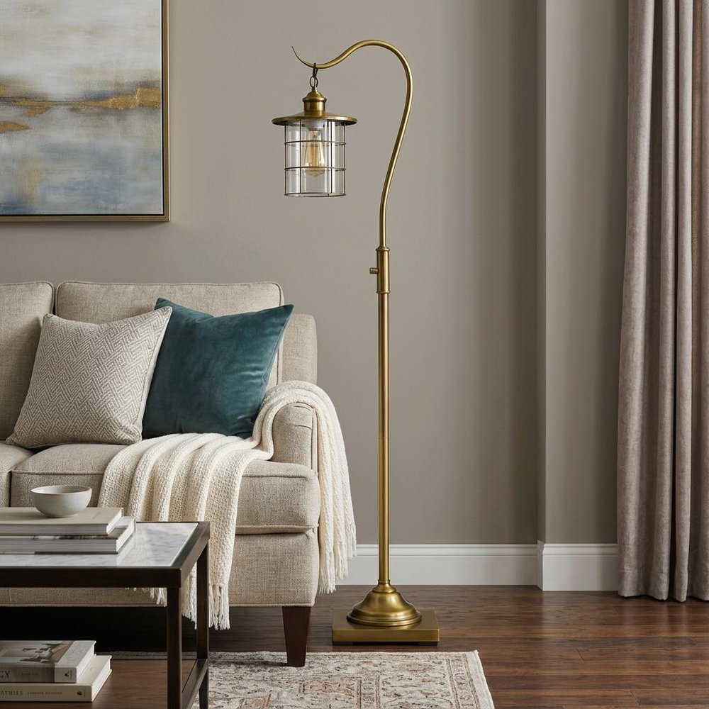 60" Brass Traditional Shaped Floor Lamp With Bronze Transparent Glass Drum Shade HomeRoots