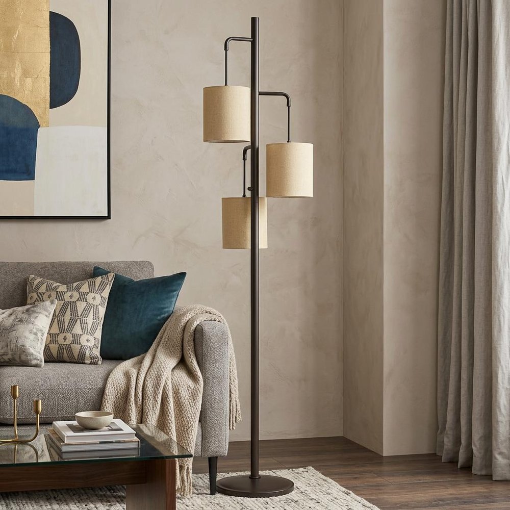 72" Bronze Three Light Traditional Shaped Floor Lamp With Beige Drum Shade HomeRoots