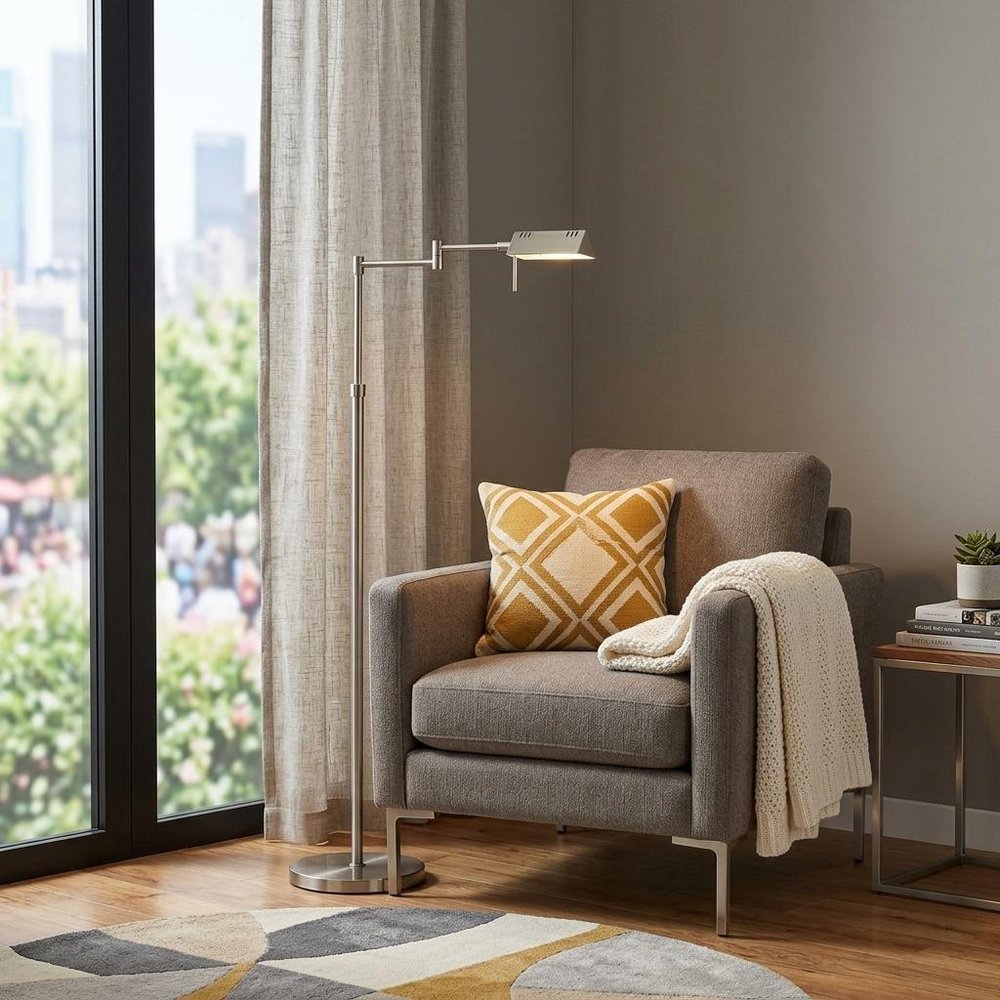 61" Nickel Metal Adjustable Swing Arm Floor Lamp With Gray Shade HomeRoots