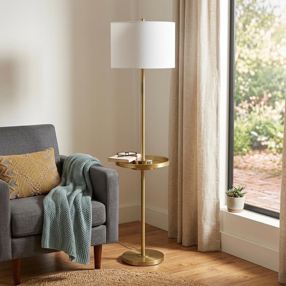 62" Brass Tray Table Floor Lamp With White Square Shade HomeRoots