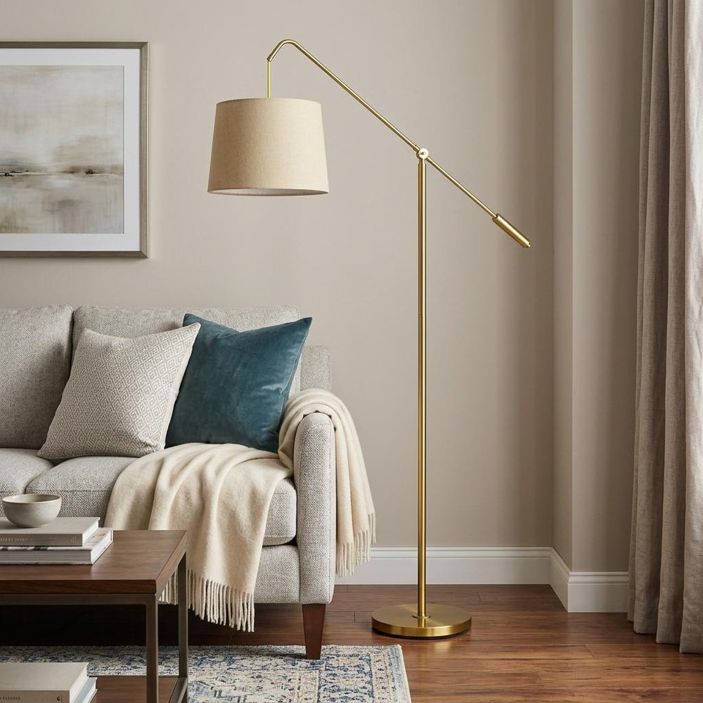 68" Brass Adjustable Traditional Shaped Floor Lamp With Antiqued Brass Drum Shade HomeRoots