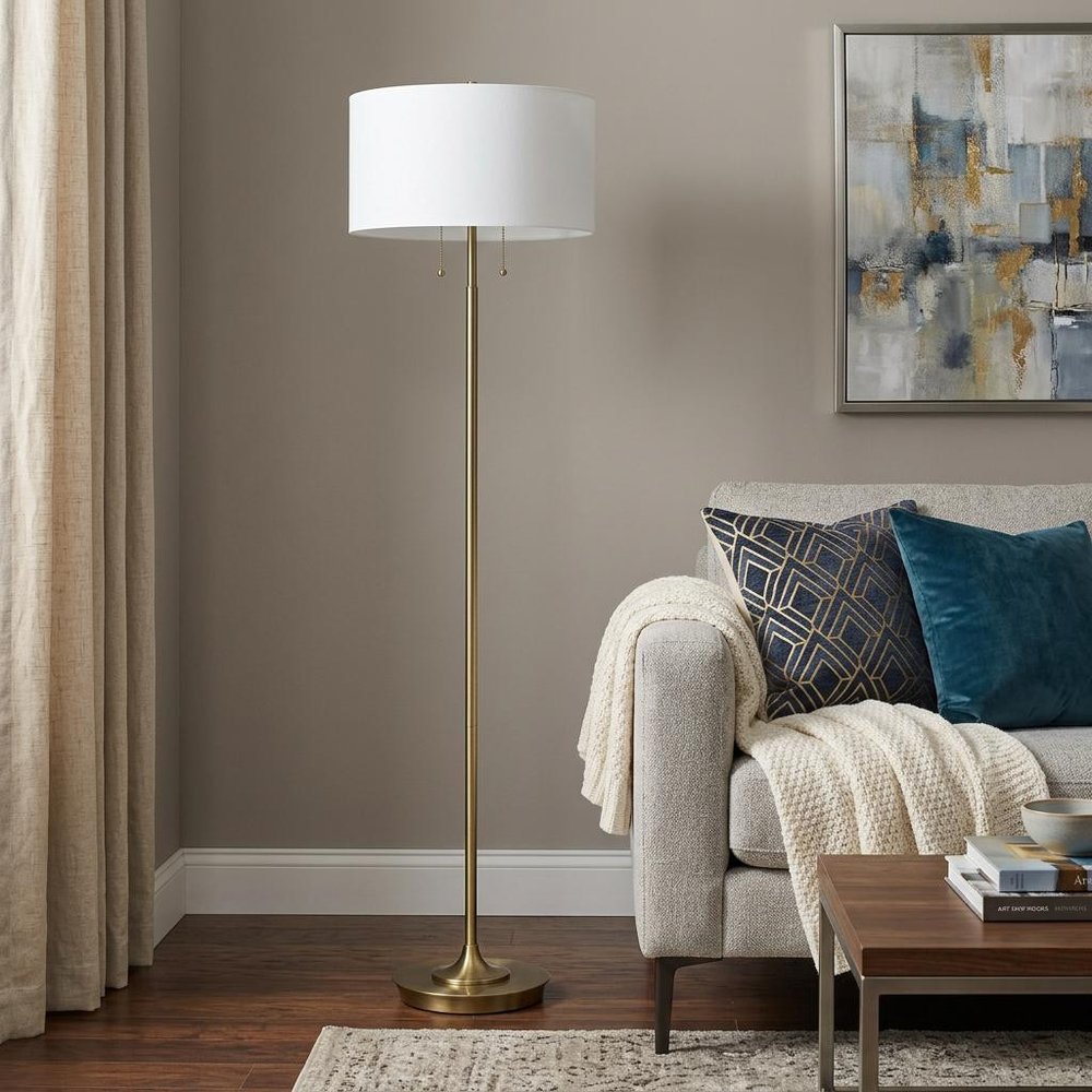 64" Brass Two Light Traditional Shaped Floor Lamp With White Rectangular Shade HomeRoots