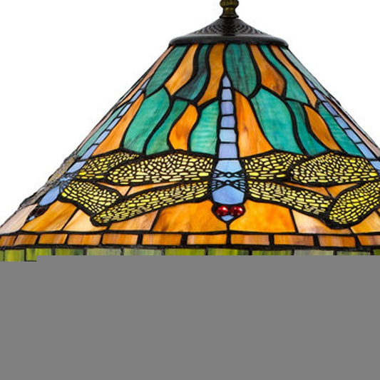 63" Brass Two Light Traditional Shaped Floor Lamp With Blue and Orange Dragonfly Tiffany Glass Empire Shade HomeRoots