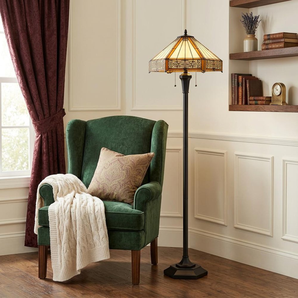 60" Bronze Two Light Traditional Shaped Floor Lamp With Orange and Ivory Abstract Tiffany Glass Empire Shade HomeRoots