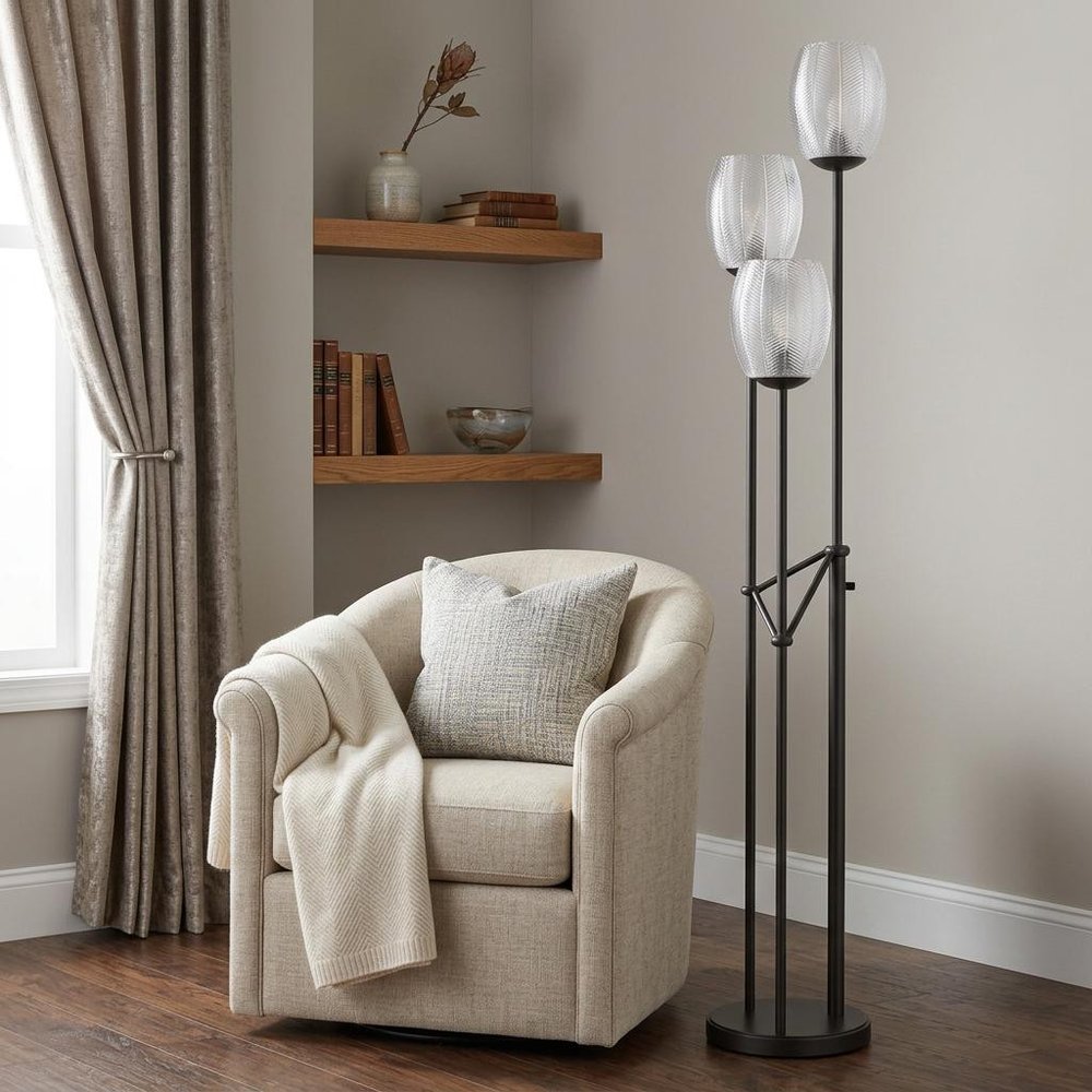 71" Black Three Light Traditional Shaped Floor Lamp With Clear Transparent Glass Novelty Shade HomeRoots