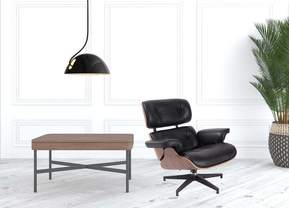 35" Black and Brown Genuine Leather Tufted Swivel Lounge Chair With Ottoman HomeRoots