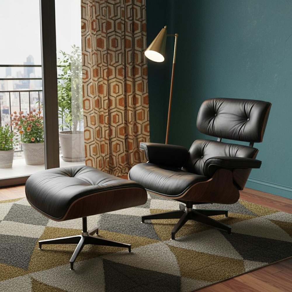 35" Black and Brown Genuine Leather Tufted Swivel Lounge Chair With Ottoman HomeRoots