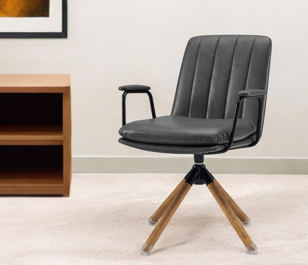 23" Gray And Natural Faux Leather Swivel Arm Chair HomeRoots