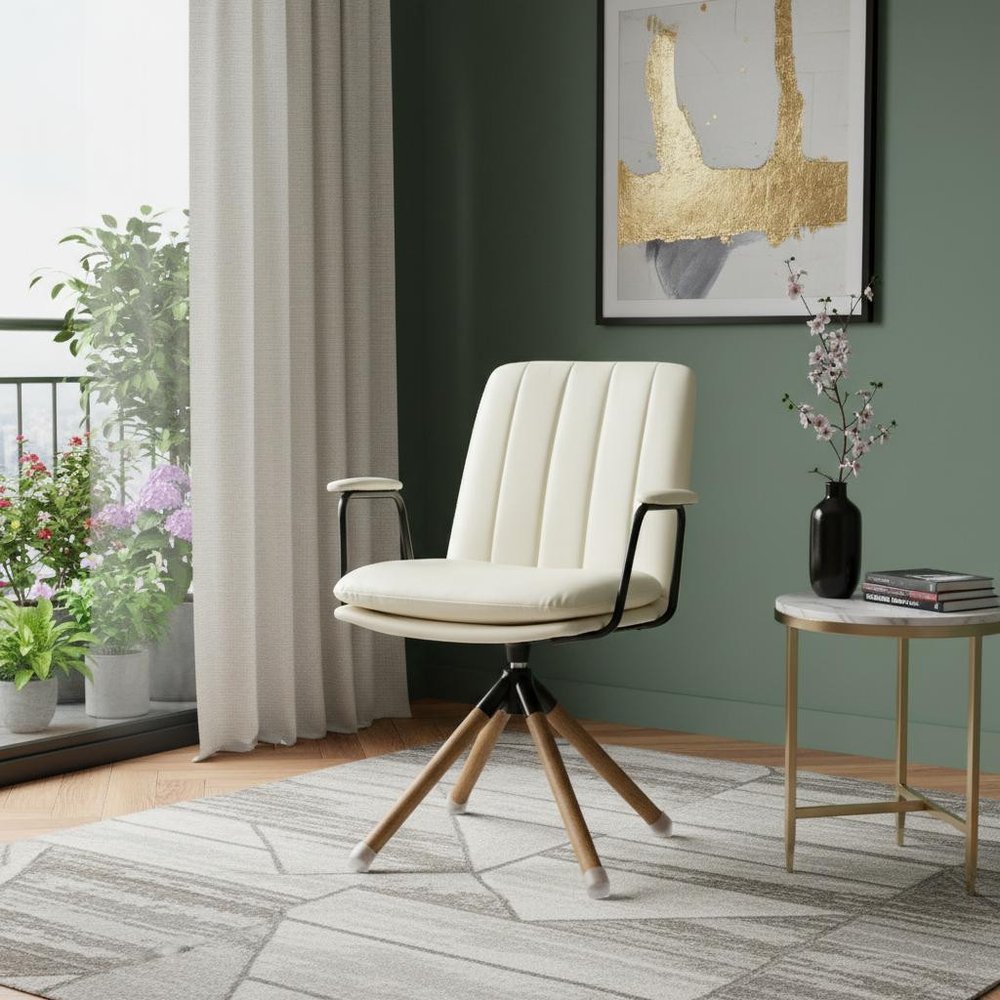 23" Off White Faux Leather And Brown Swivel Arm Chair HomeRoots