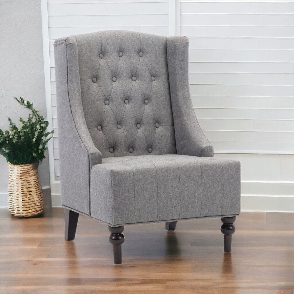 25" Gray and Black Upholstered Tufted Wingback Chair HomeRoots