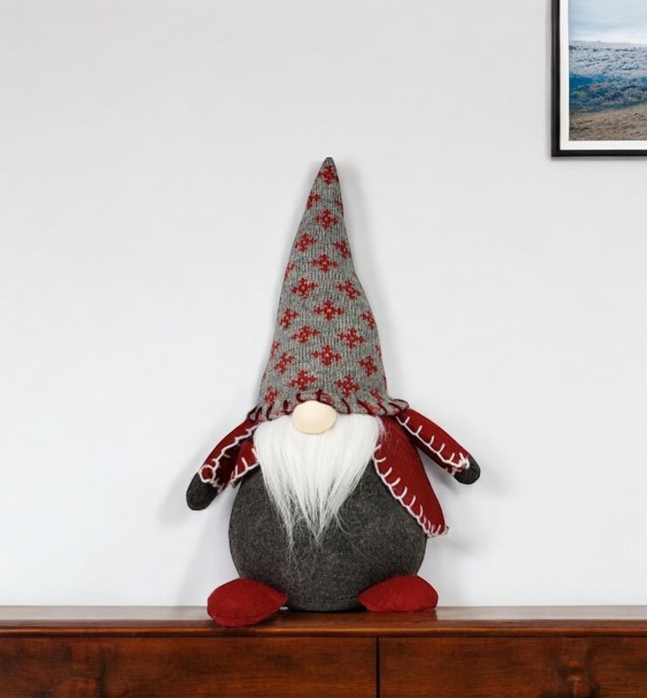 20" Red Gray And White Fabric Christmas Santa Standing Gnome HomeRoots