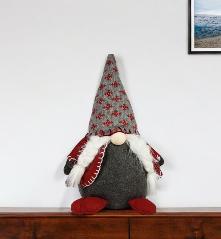 20" Red Gray And White Fabric Christmas Santa Standing Gnome HomeRoots
