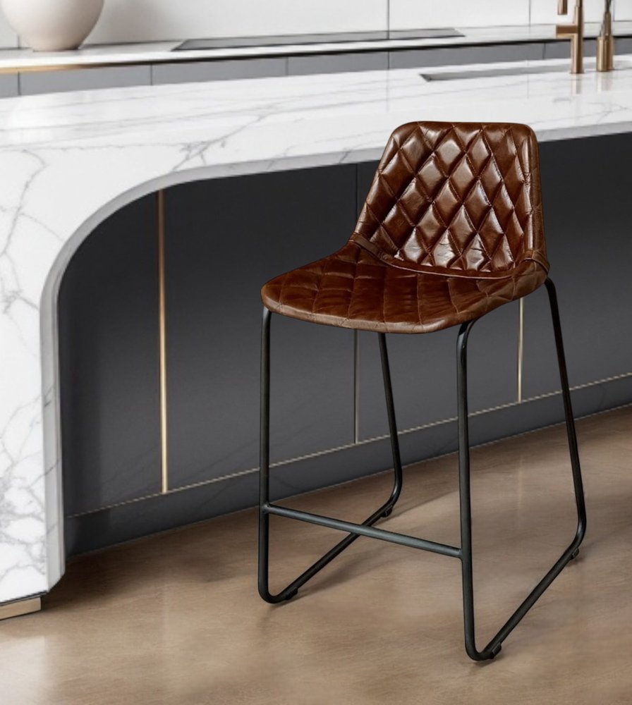 27" Brown and Black Leather and Iron Counter Height Bar Chair HomeRoots