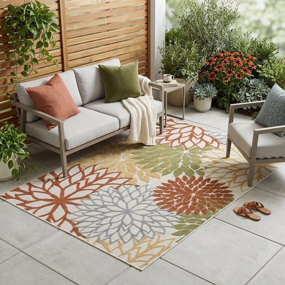 4' X 6' Ivory Green And Blue Indoor Outdoor Area Rug HomeRoots