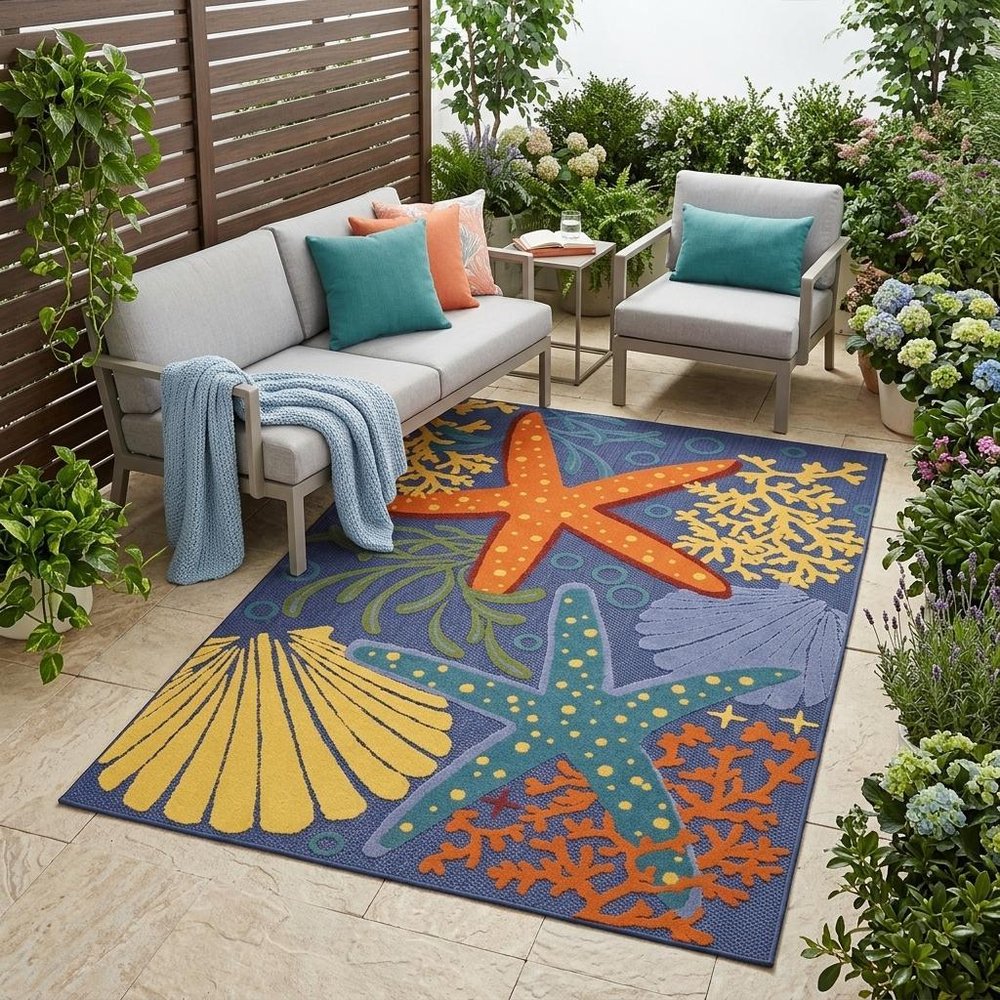 4' X 6' Blue Starfish Indoor Outdoor Area Rug HomeRoots