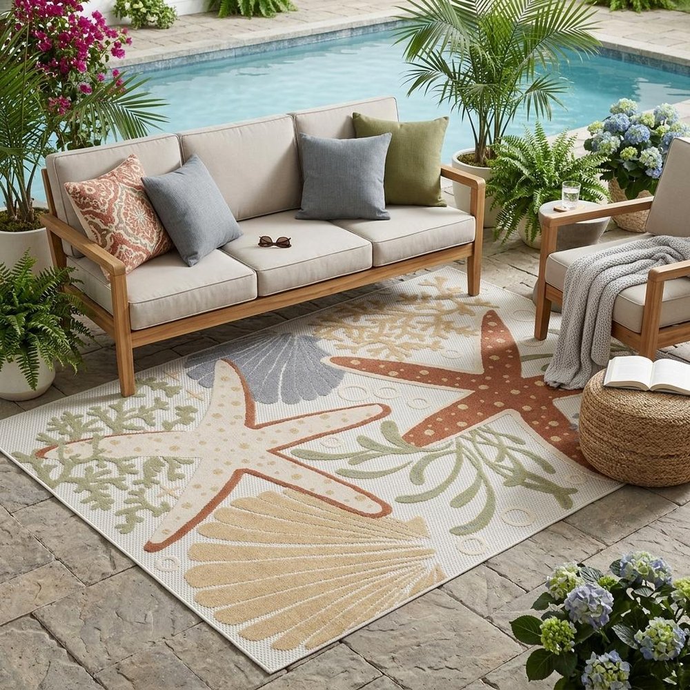 5' X 7' Ivory Orange and Blue Indoor Outdoor Area Rug HomeRoots