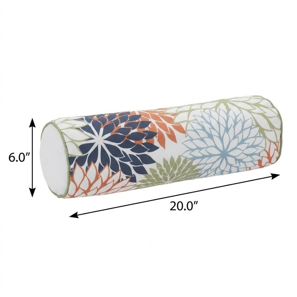 6" X 20" Orange Green and Blue Bolster Floral Indoor Outdoor Throw Pillow
