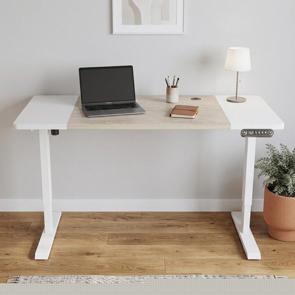 Adjustable Natural and White Wood and Stainless Steel Rolling Computer Desk HomeRoots
