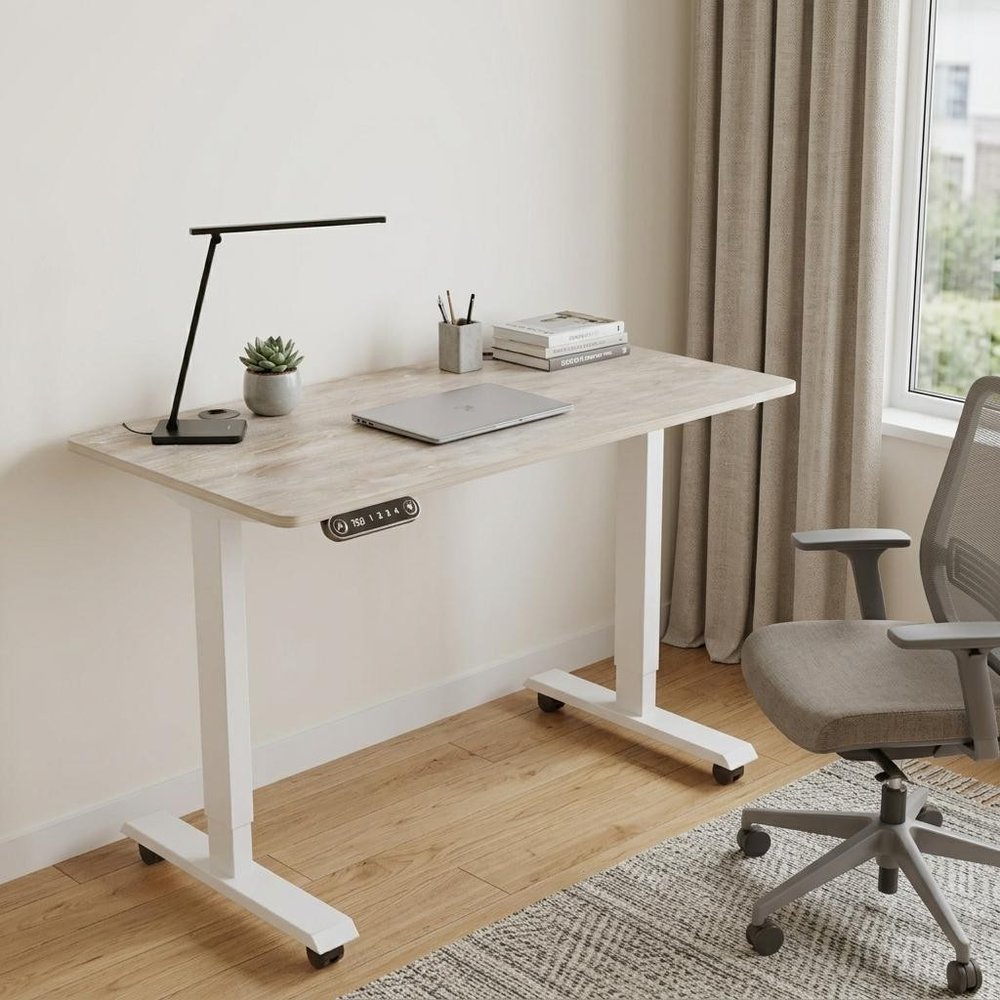 Adjustable Light Khaki and White Wood and Stainless Steel Rolling Computer Desk HomeRoots