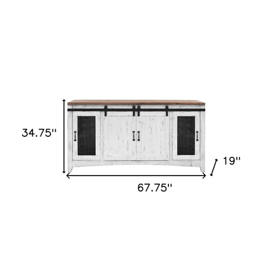 68" White Solid Wood Cabinet Enclosed Storage Distressed TV Stand HomeRoots