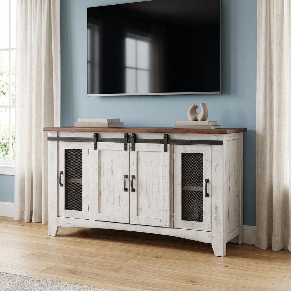 70" White Solid Wood Cabinet Enclosed Storage Distressed TV Stand HomeRoots