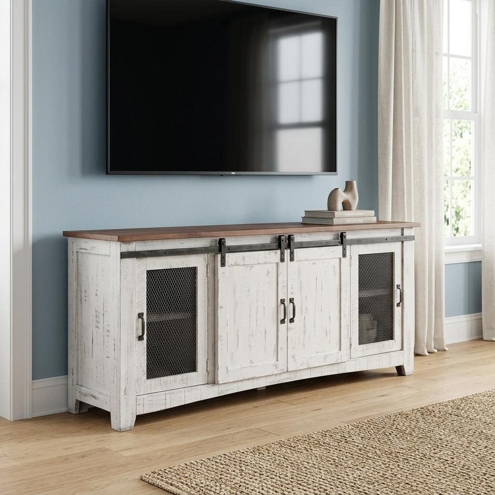 79" White Solid Wood Cabinet Enclosed Storage Distressed TV Stand HomeRoots
