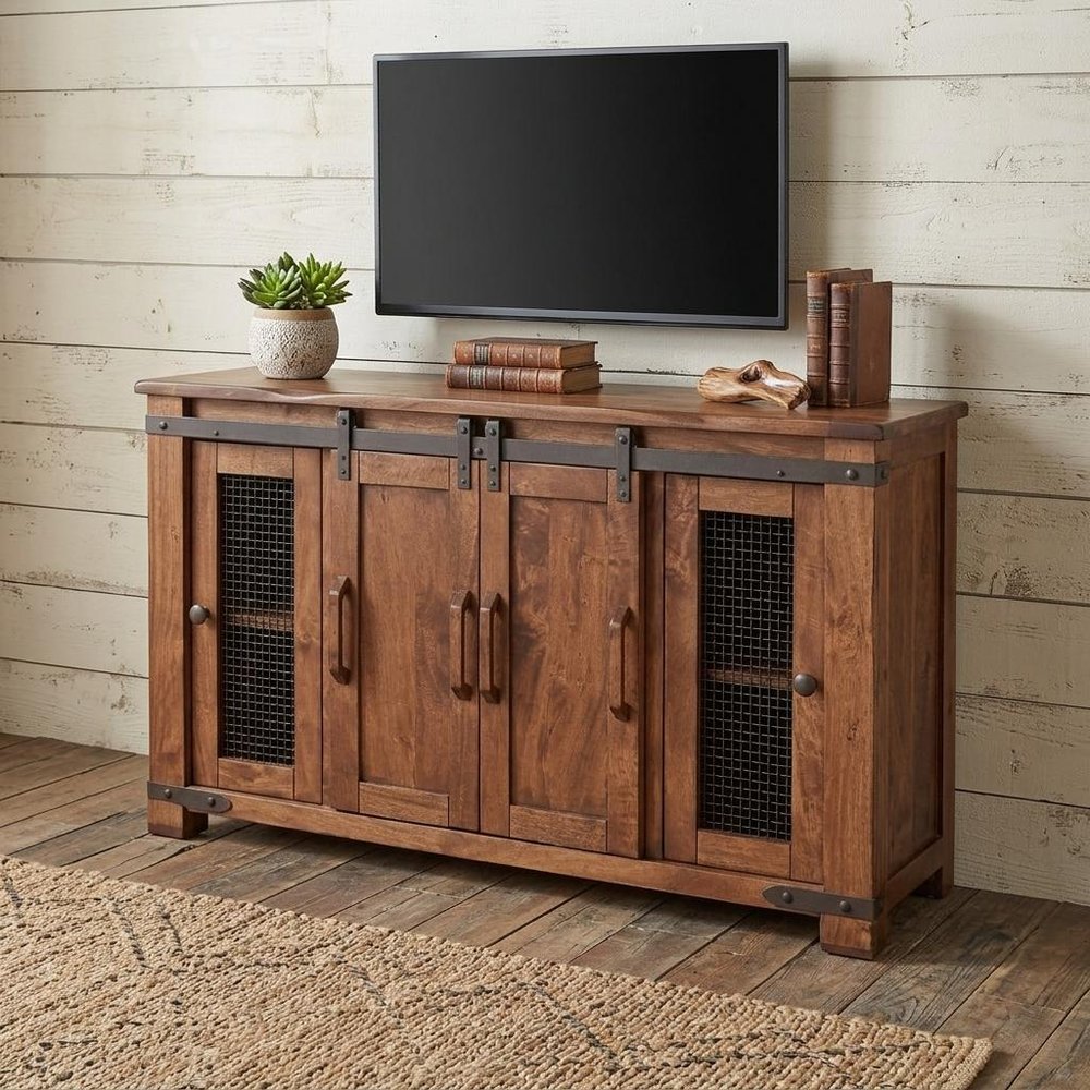 60" Brown Solid Wood Cabinet Enclosed Storage Distressed TV Stand HomeRoots