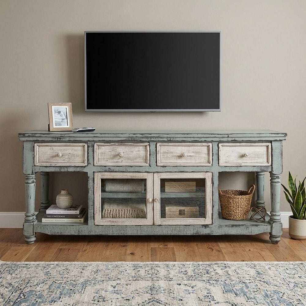 70" Blue and White Solid Wood Open shelving Distressed TV Stand HomeRoots