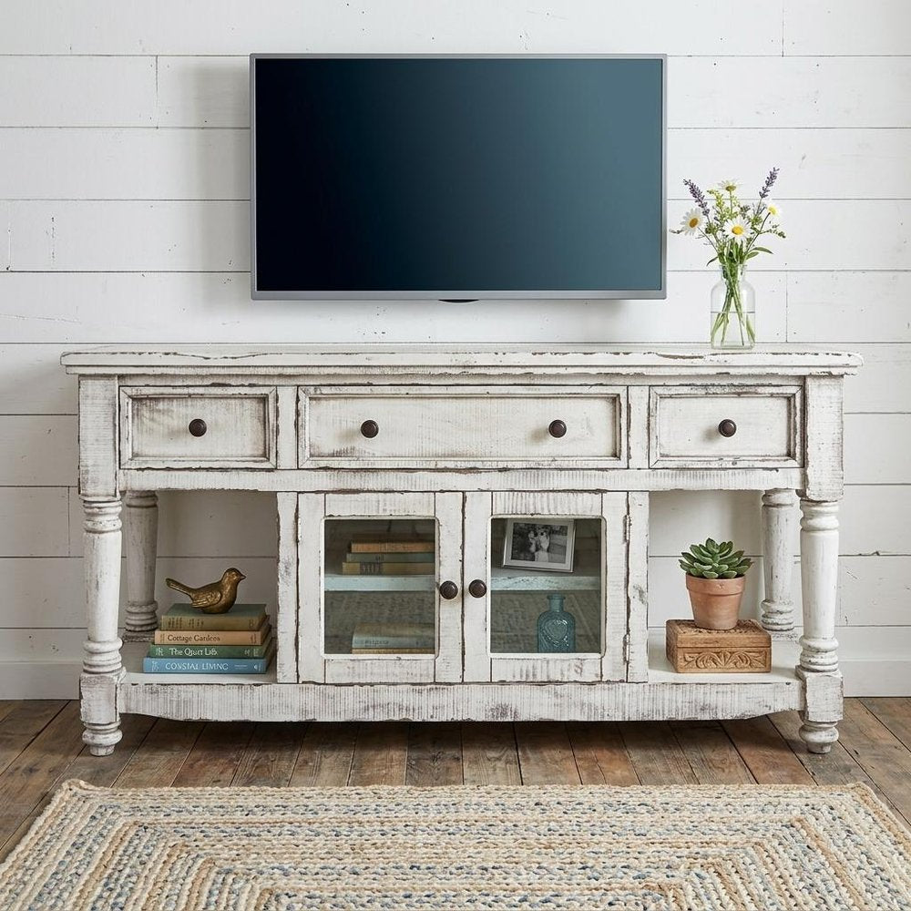 70" White Solid Wood Open shelving Distressed TV Stand HomeRoots