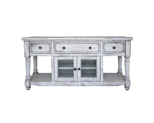 70" White Solid Wood Open shelving Distressed TV Stand HomeRoots