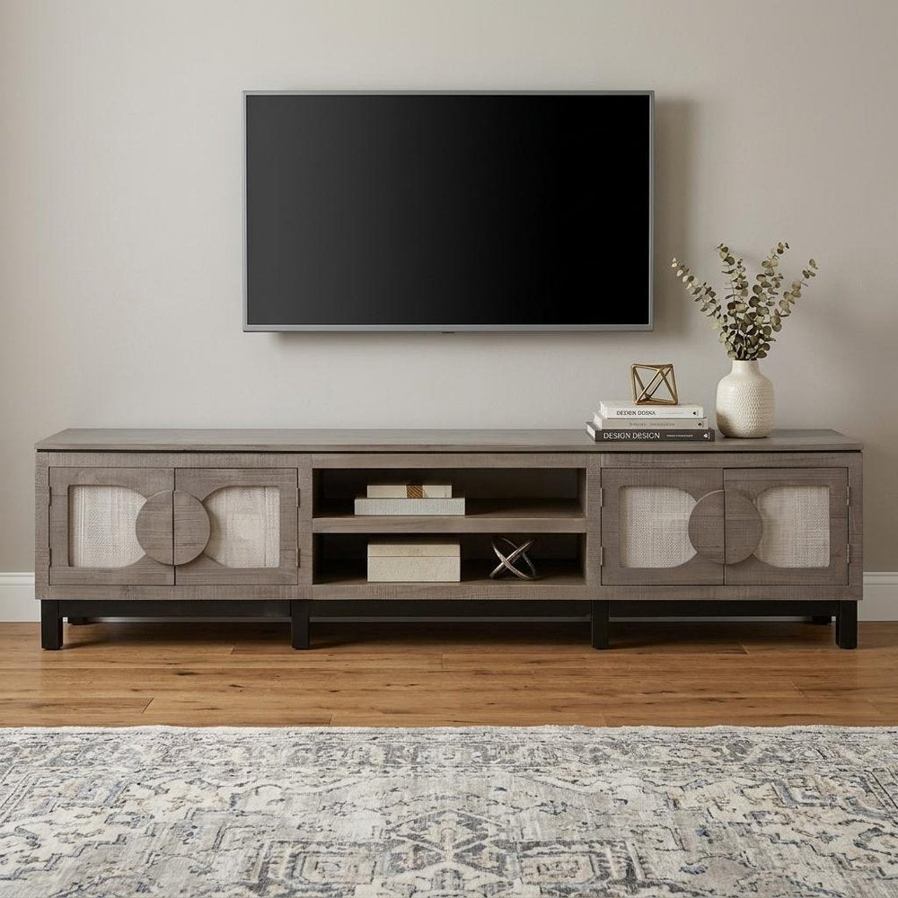 93" Gray Solid Wood Cabinet Enclosed Storage Distressed TV Stand HomeRoots