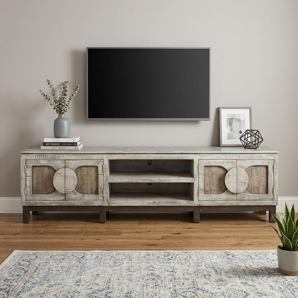 93" White Solid Wood Cabinet Enclosed Storage Distressed TV Stand HomeRoots