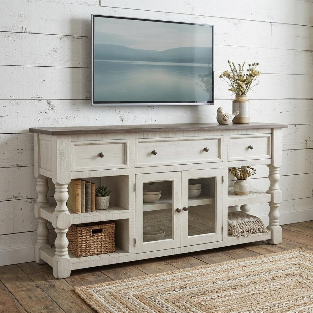 70" Ivory Solid Wood Open shelving Distressed TV Stand HomeRoots