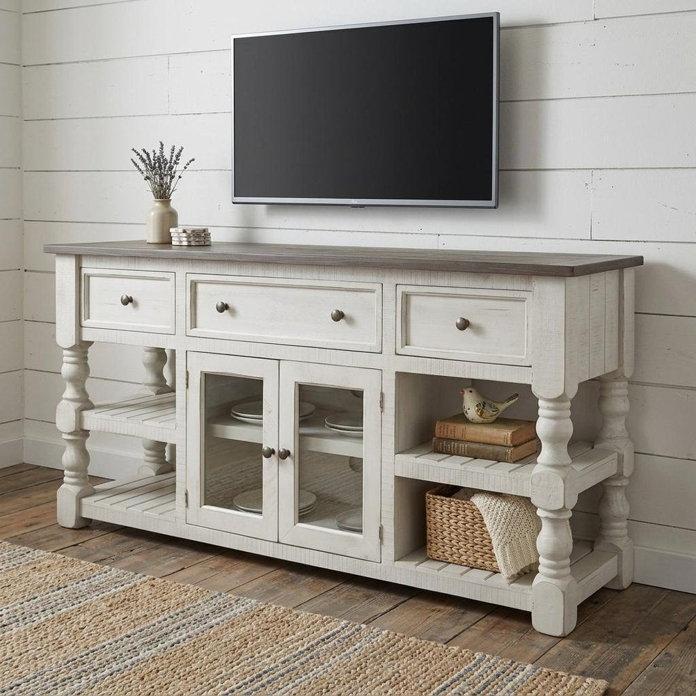 81" Ivory Solid Wood Open shelving Distressed TV Stand HomeRoots