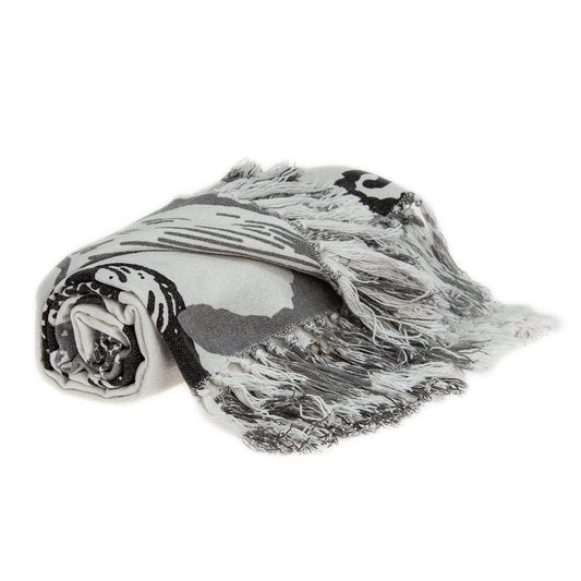 52" X 67" Ivory and Gray Woven Cotton Coastal Seashell Throw Blanket with Fringe HomeRoots