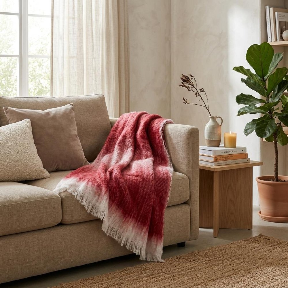 52" X 67" Red and White Woven Wool Blend Throw Blanket HomeRoots