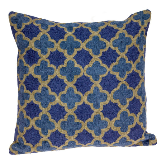 20" Blue and Brown Quatrefoil Wool Throw Pillow With Embroidery FurniFindUSA