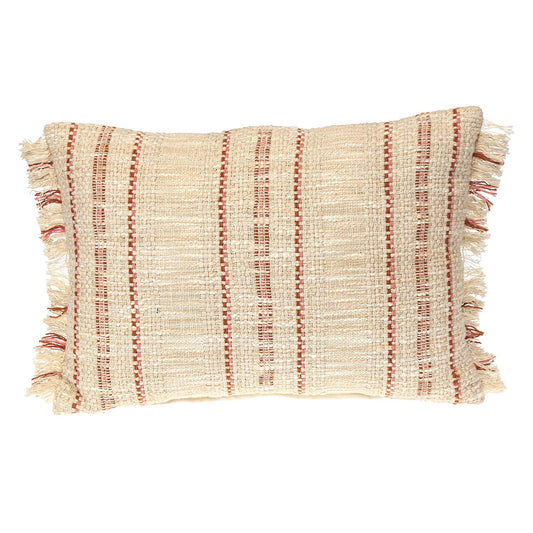 14" X 20" Beige and Pink Striped Cotton Throw Pillow With Fringe FurniFindUSA