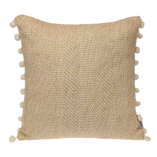 18" Beige and White Weave Cotton Throw Pillow With Pom Poms FurniFindUSA